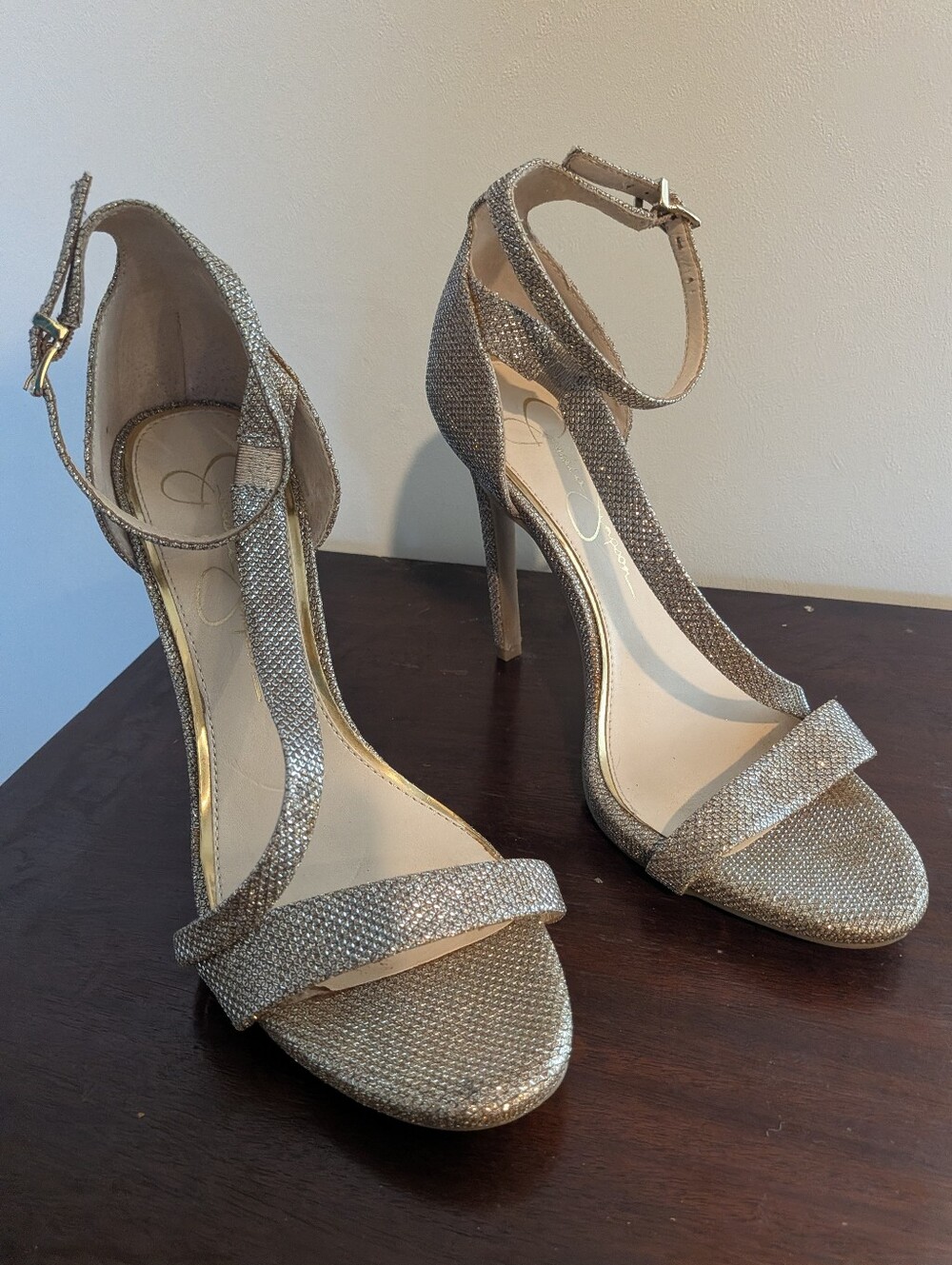 Jessica Simpson Sparkling Gold Ankle-Strap Stilettos Sz 9